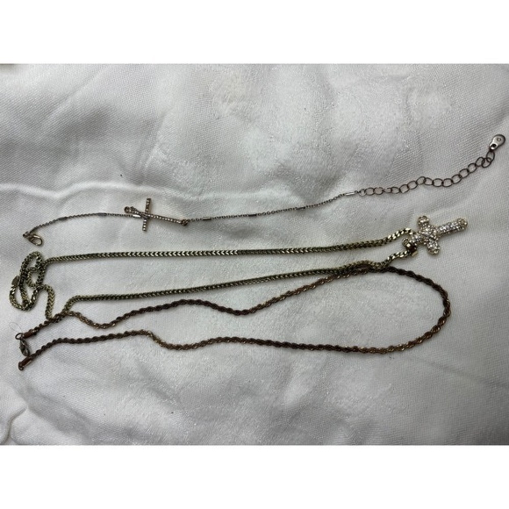 Lot Of 3 Cross Necklaces Rhinestone Chain Choker Chain Gold Tone Silver Tone
